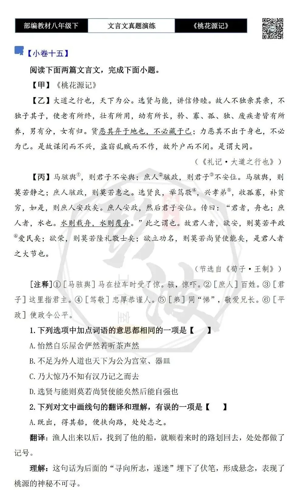 【古诗文真题演练复习】八年级下-01《桃花源记》思维导图+对比阅读(20套)(5元) 第30张