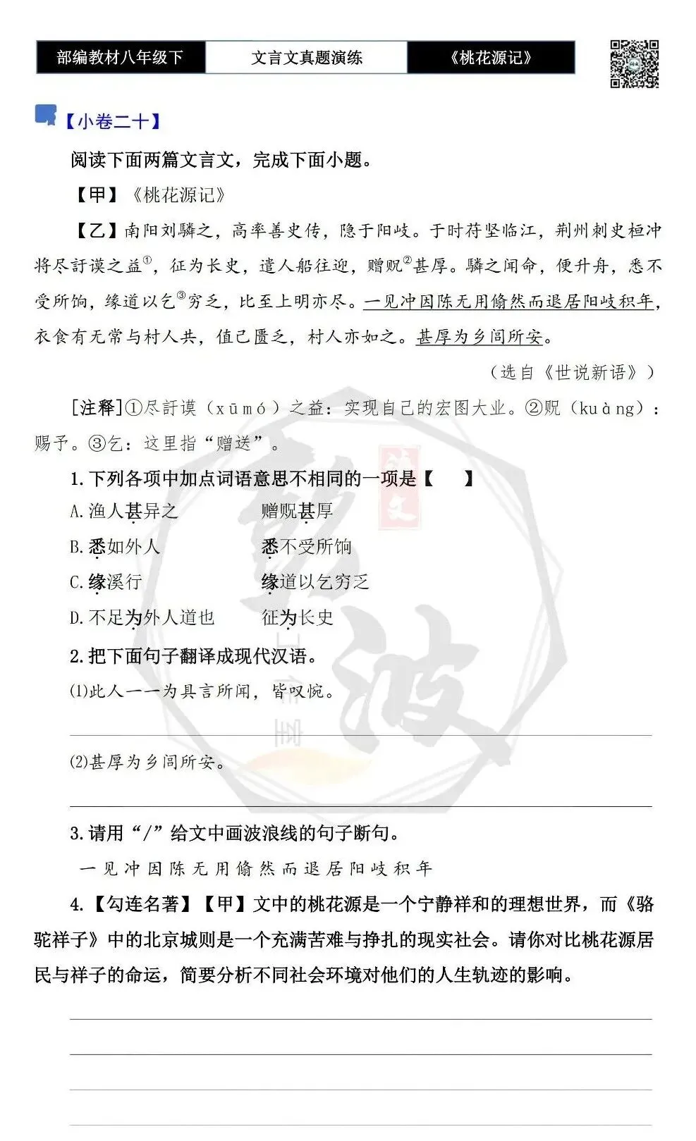 【古诗文真题演练复习】八年级下-01《桃花源记》思维导图+对比阅读(20套)(5元) 第38张