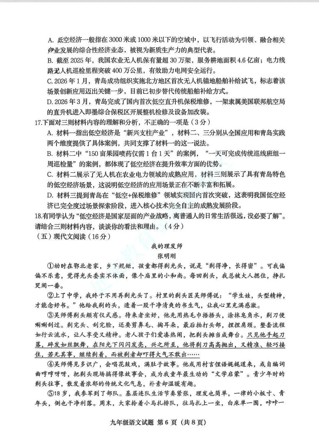 2026年青岛市北区九年级一模语文真题 第7张