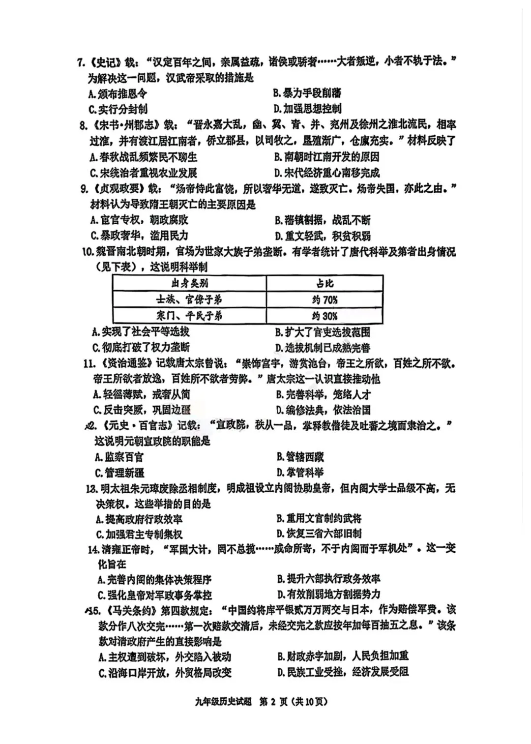 2026青岛中考一模市南历史试题 第2张