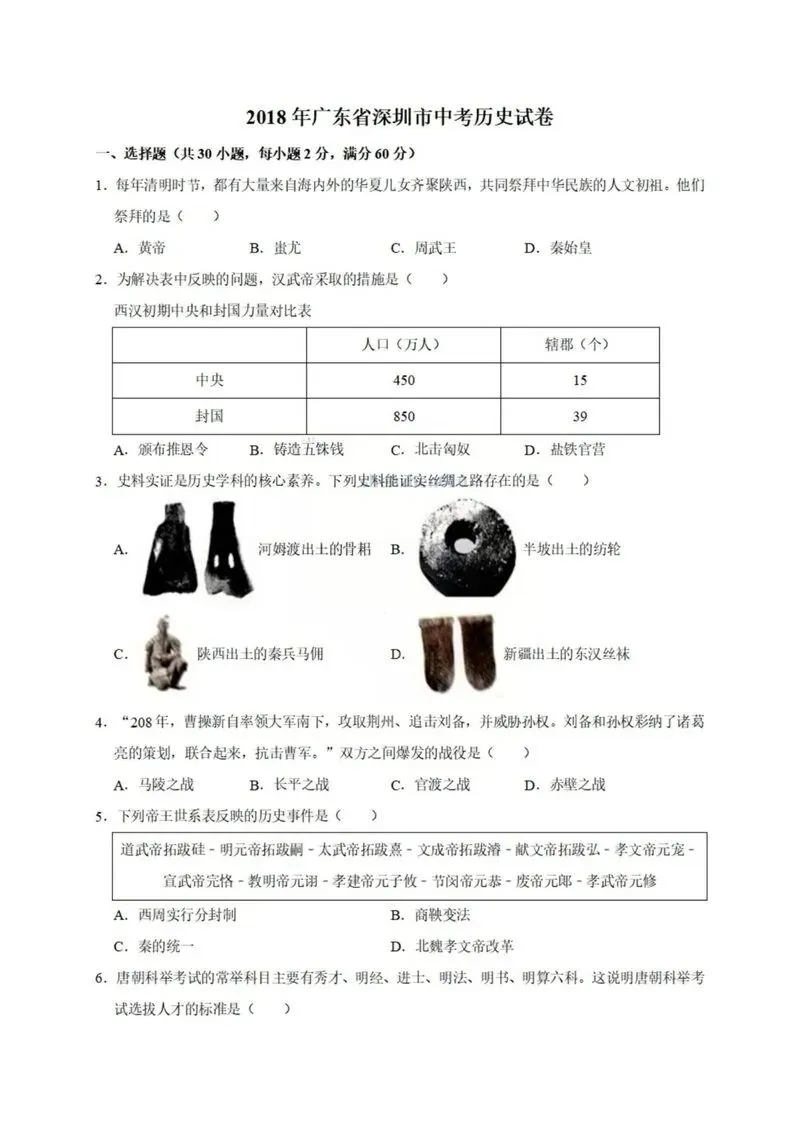 2018年深圳中考真题历史试卷 第1张