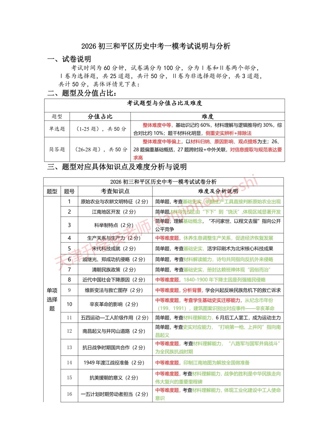 试卷分析:2025-2026学年天津和平区初三一模(语数化历4科)丨附近3年初三结课考一模二模真题 第8张