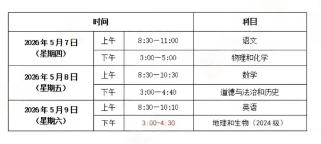 2026年中考第一次模拟考试安排 第1张