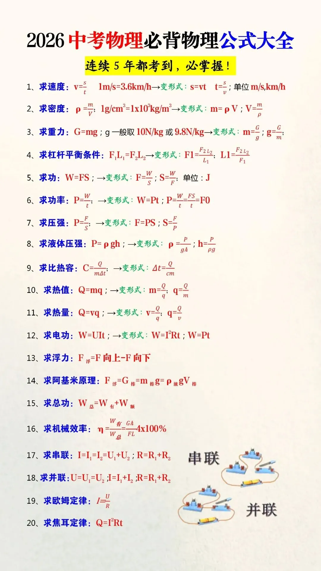 2026中考物理必背物理公式大全(可打印)连续5年都考到,必掌握! 第4张
