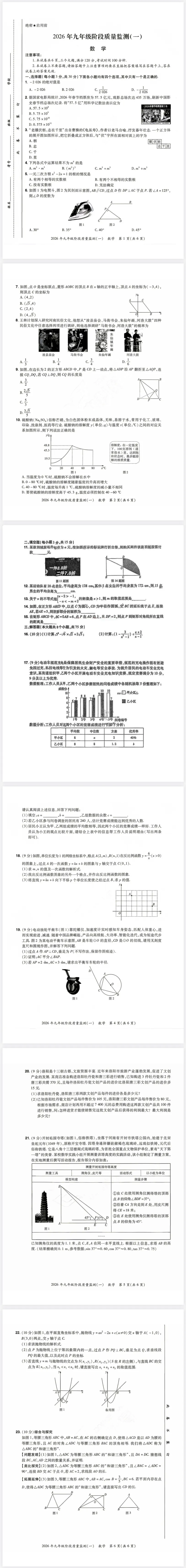 2026年九年级阶段质量监测数学试卷(一)及答案 第1张
