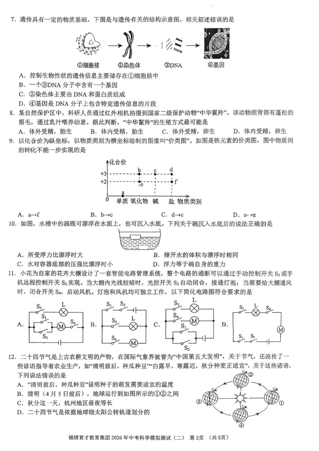 2026年4月浙江杭州锦绣育才二模科学试卷及答案 第5张