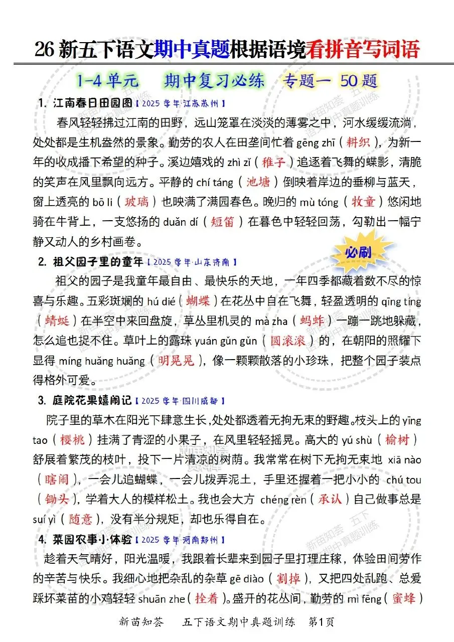 26春五年级下册语文《期中真题五大专题训练》含答案 期中考前必刷五大项 第3张