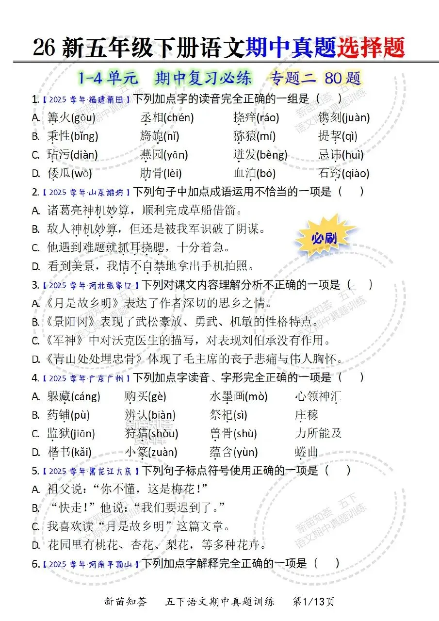 26春五年级下册语文《期中真题五大专题训练》含答案 期中考前必刷五大项 第6张