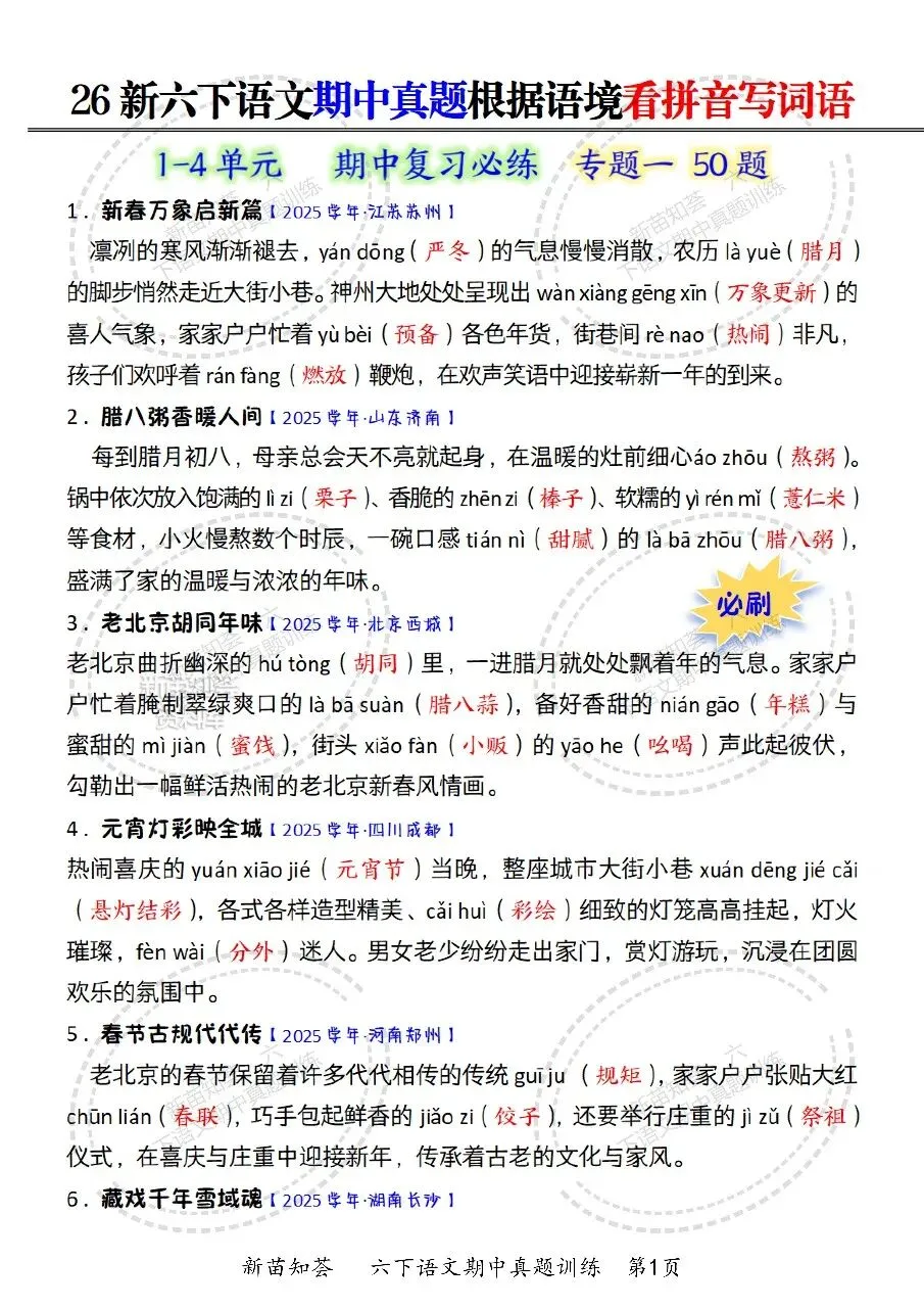 26春六年级下册语文《期中真题六大专题训练》含答案 期中考前必刷六大项 第3张