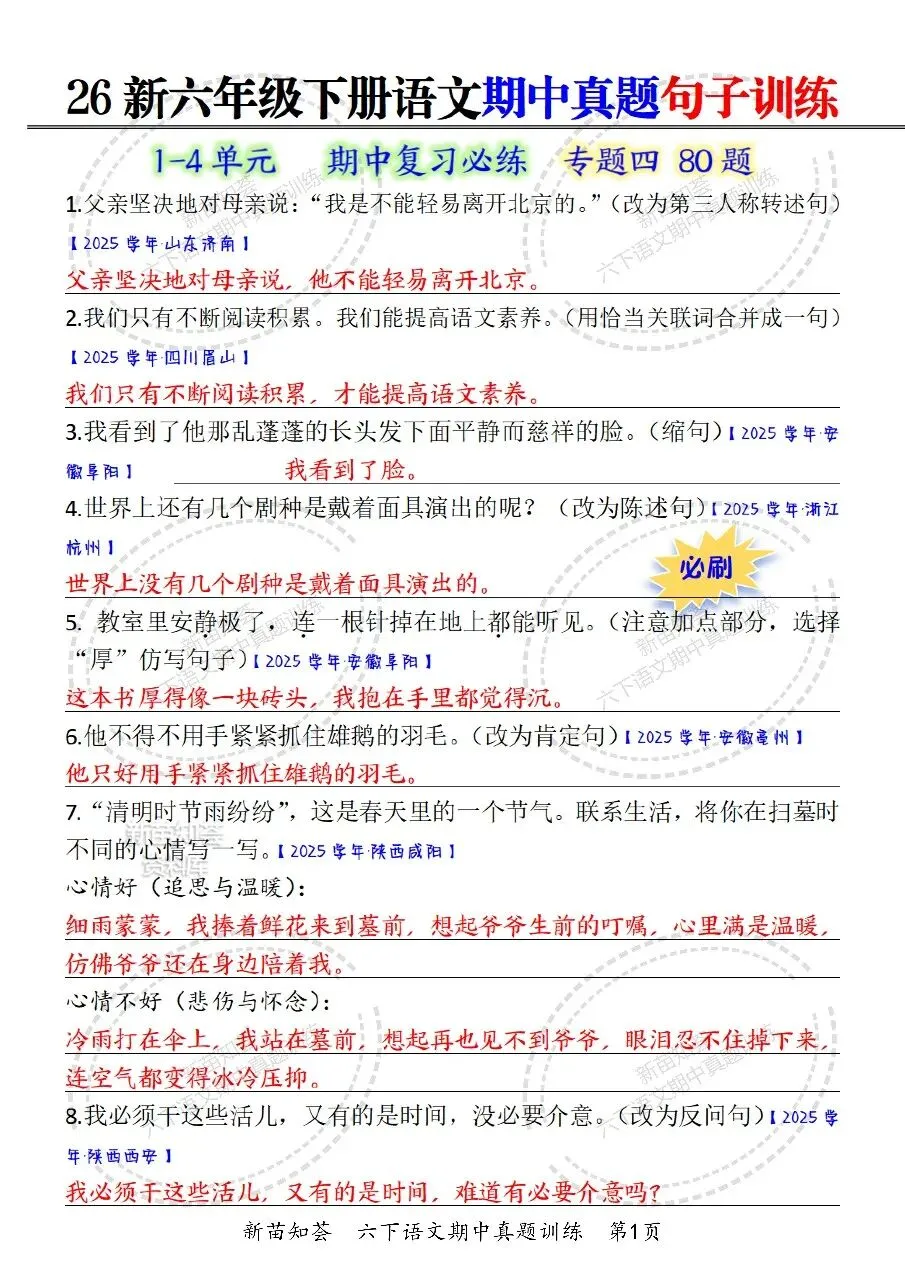 26春六年级下册语文《期中真题六大专题训练》含答案 期中考前必刷六大项 第9张