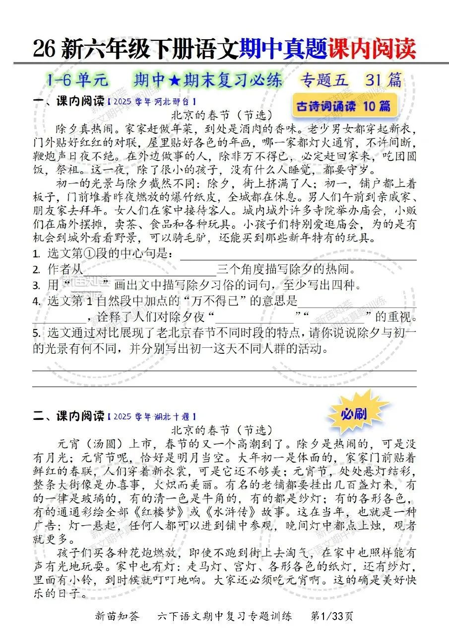 26春六年级下册语文《期中真题六大专题训练》含答案 期中考前必刷六大项 第11张