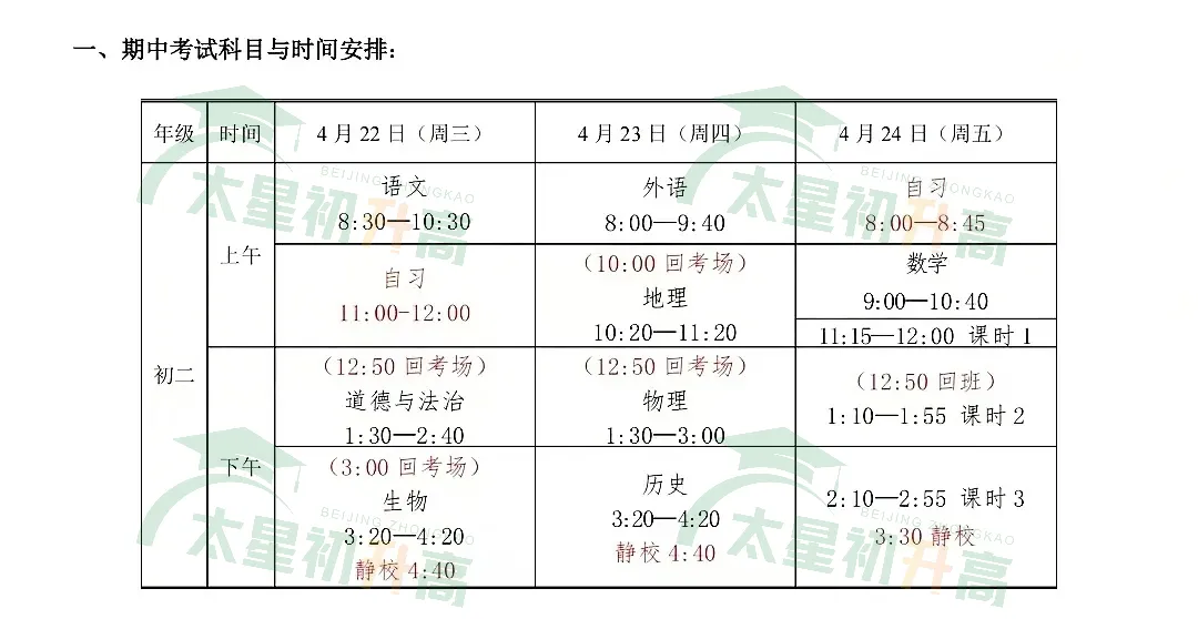 海淀、东城等6区2026初一初二期中考各科考试时间安排出炉! 第6张