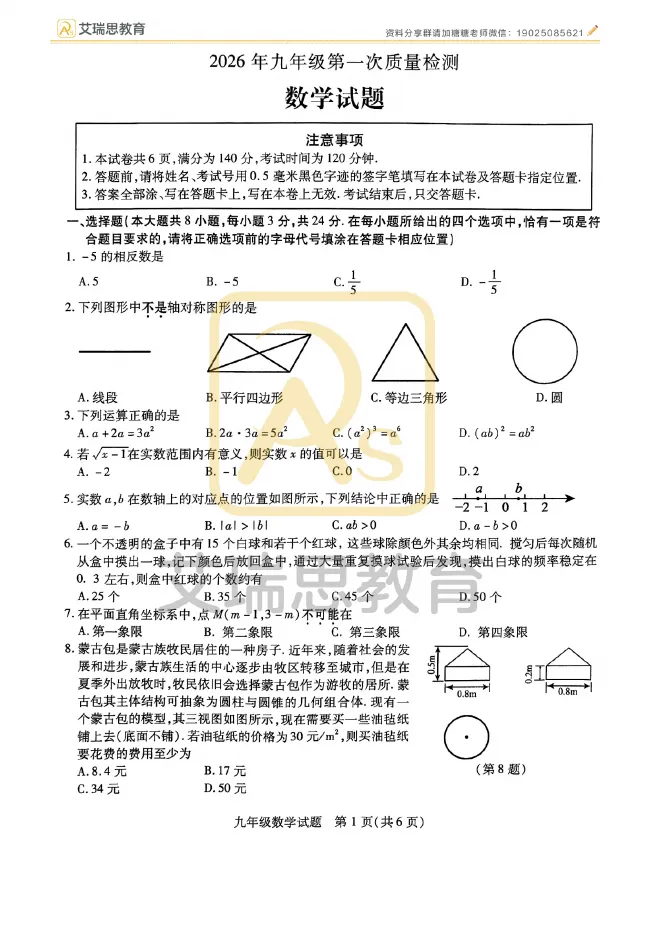 来看!2026徐州铜山一模语文数学真题试卷! 第1张