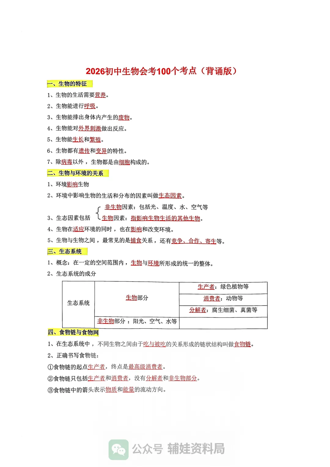 小中考生物 2026新初中生物会考100个高频考点 培优提分必背 第1张