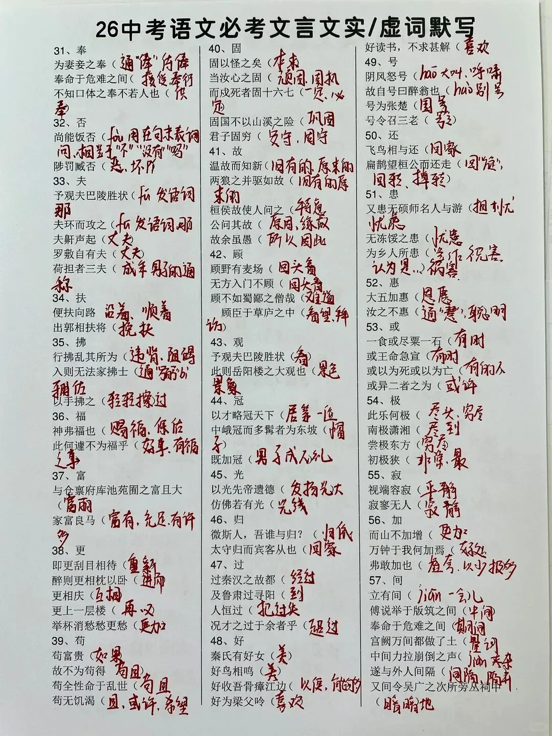 火箭班发的26中考文言文必考实虚词默写单 第3张