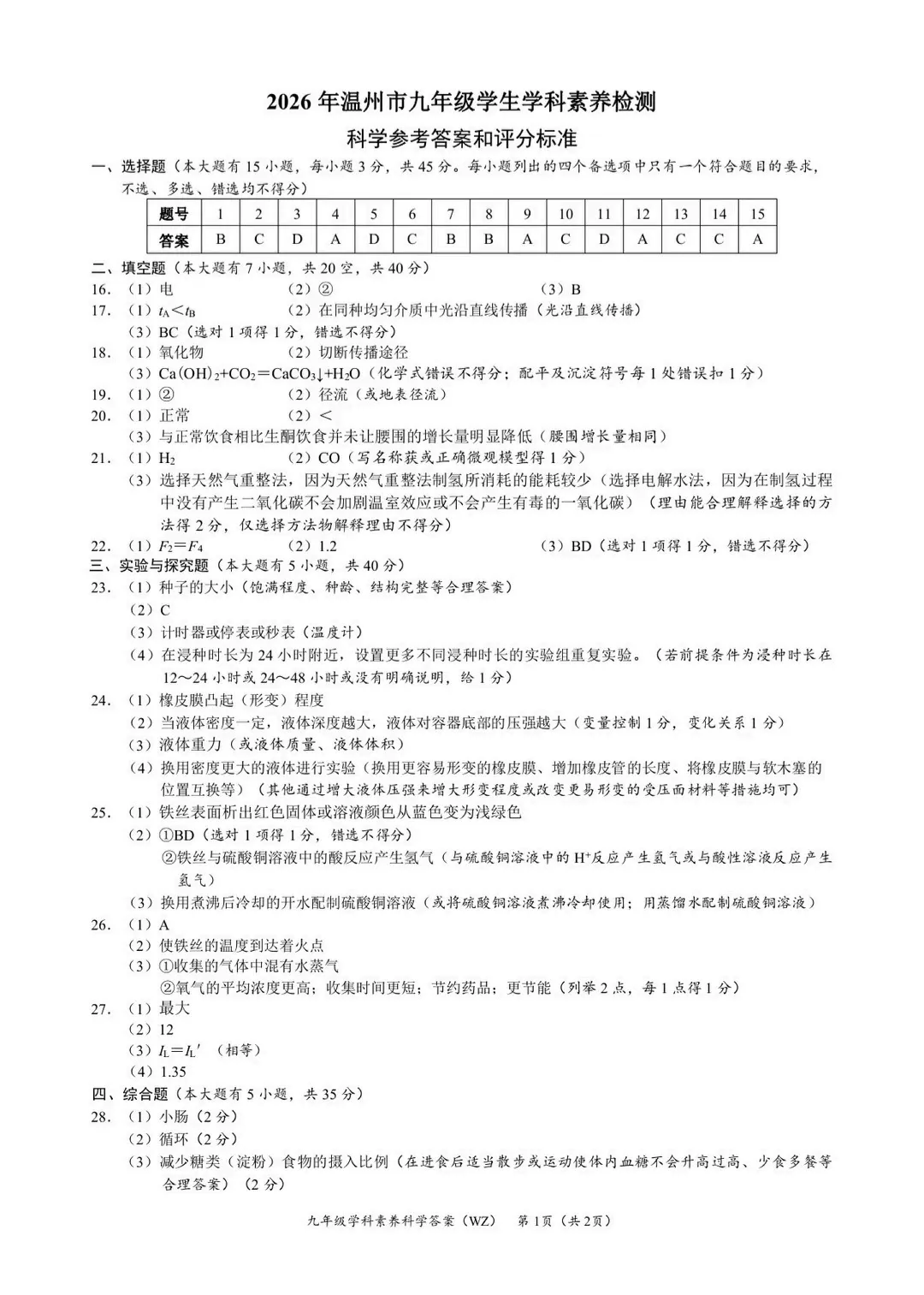 2026年温州科学一模试卷及答案 第9张