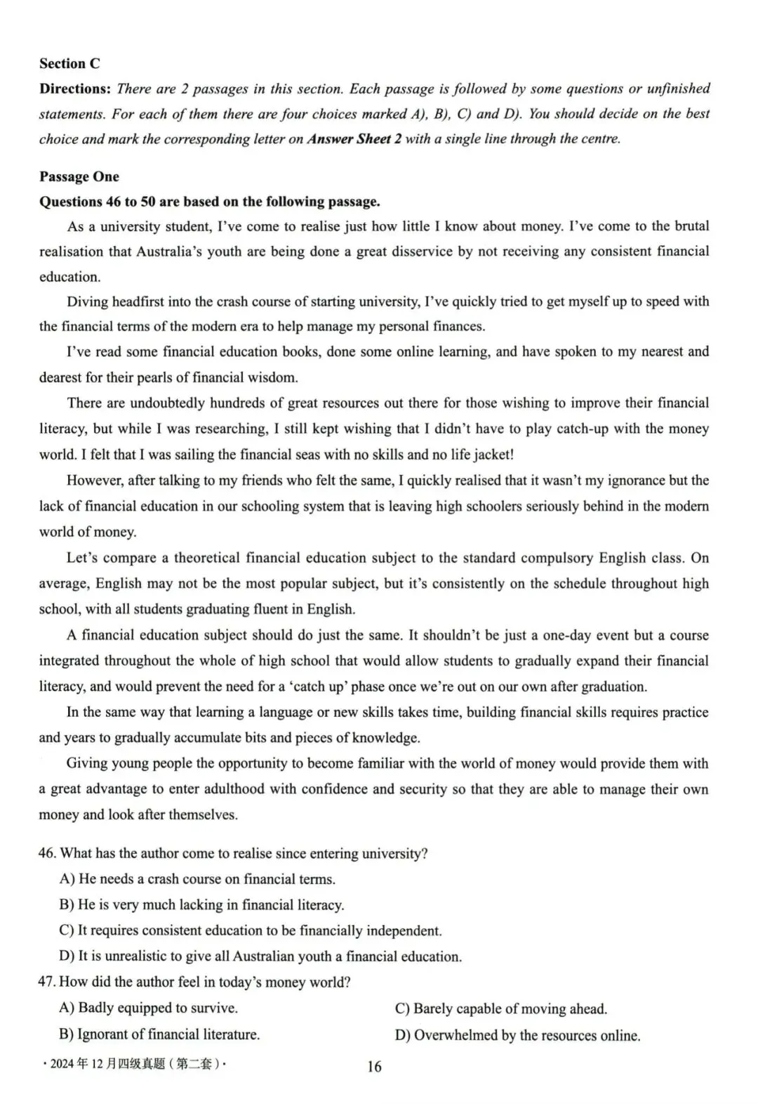 大学英语四级考试2024年12月真题、听力音频、解析第二套 第7张