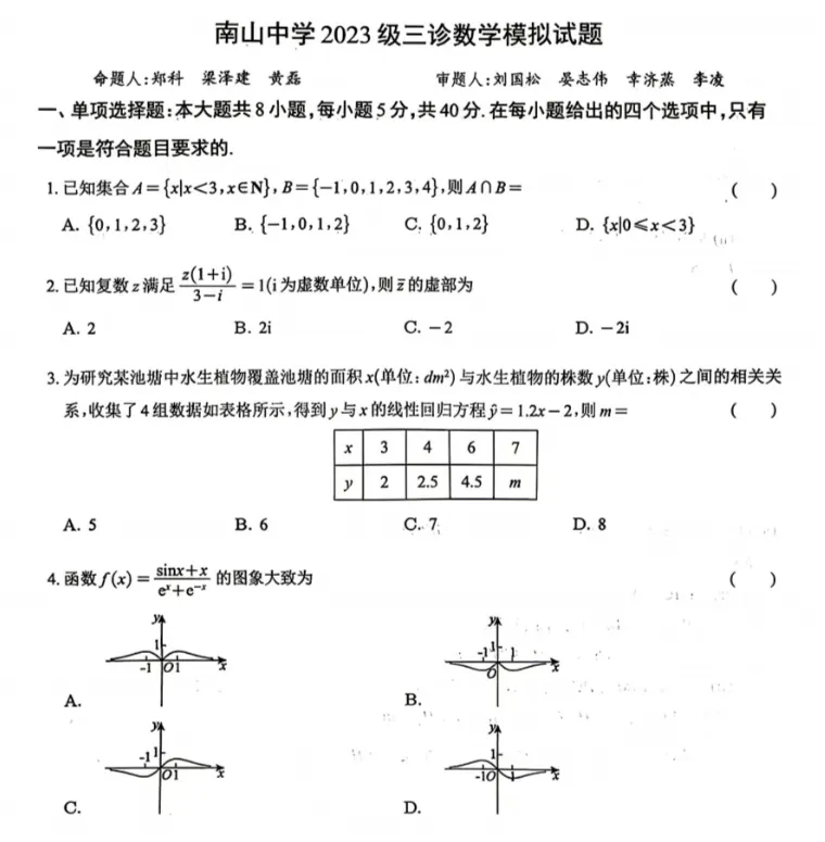 四川省绵阳南山中学高2023级绵阳三诊前模拟考试试卷及答案 第1张