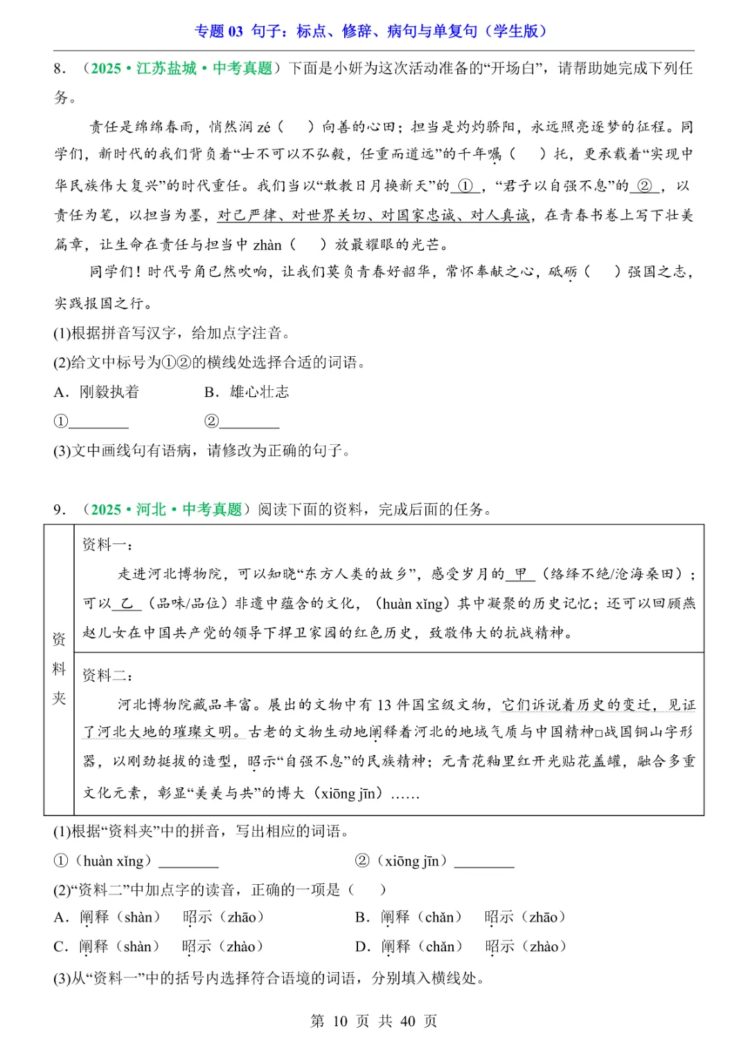 2026新九年级下册语文【人教版】中考专项《语文专题03句子:标点、修辞、病句与单复句》|完整高清电子版可打印 第10张