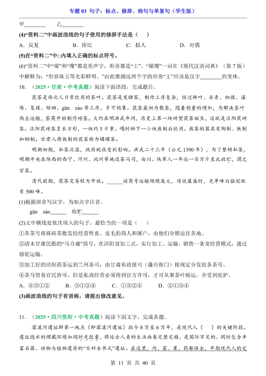 2026新九年级下册语文【人教版】中考专项《语文专题03句子:标点、修辞、病句与单复句》|完整高清电子版可打印 第11张