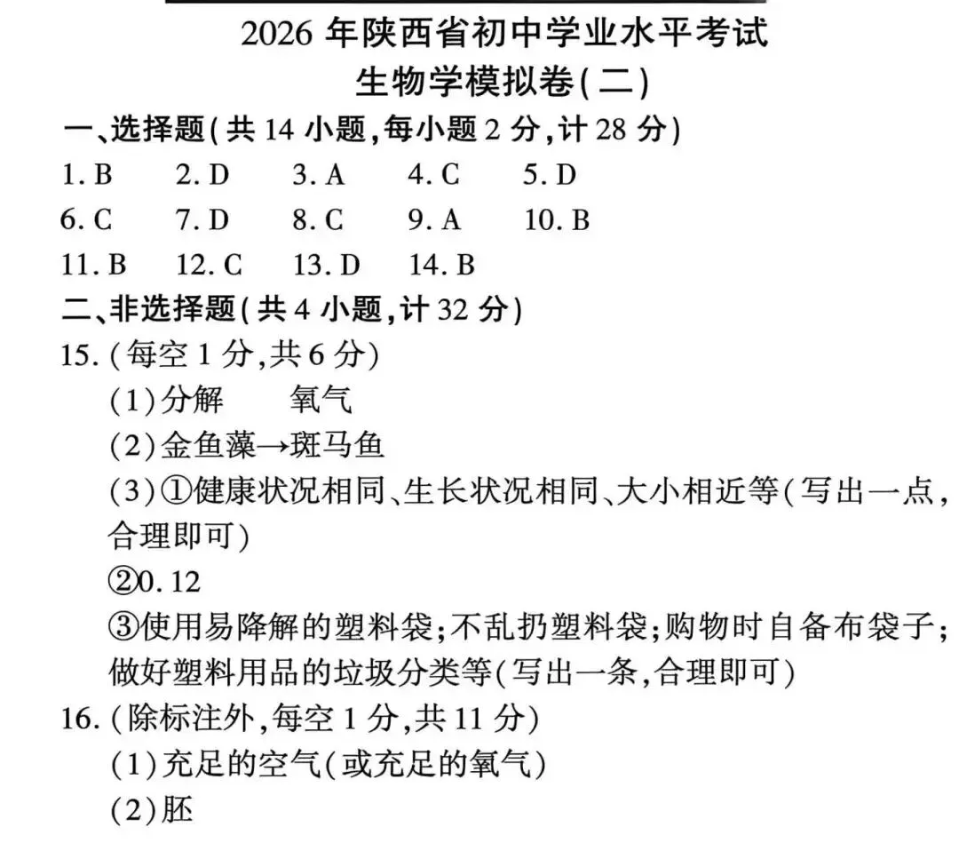 2026陕西省初中学业水平考试生物模拟卷二(含答案) 第5张