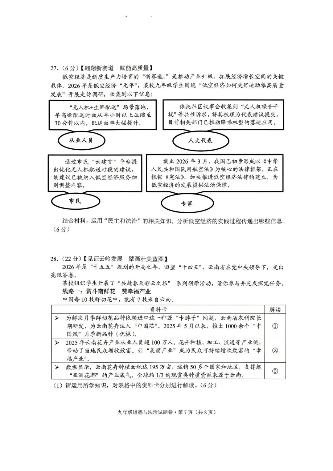 玉溪市统测道德与法治试卷+答案 第7张