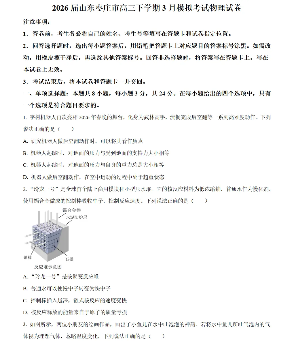 2026届山东枣庄市高三下学期3月模拟考试物理试卷及答案 第1张