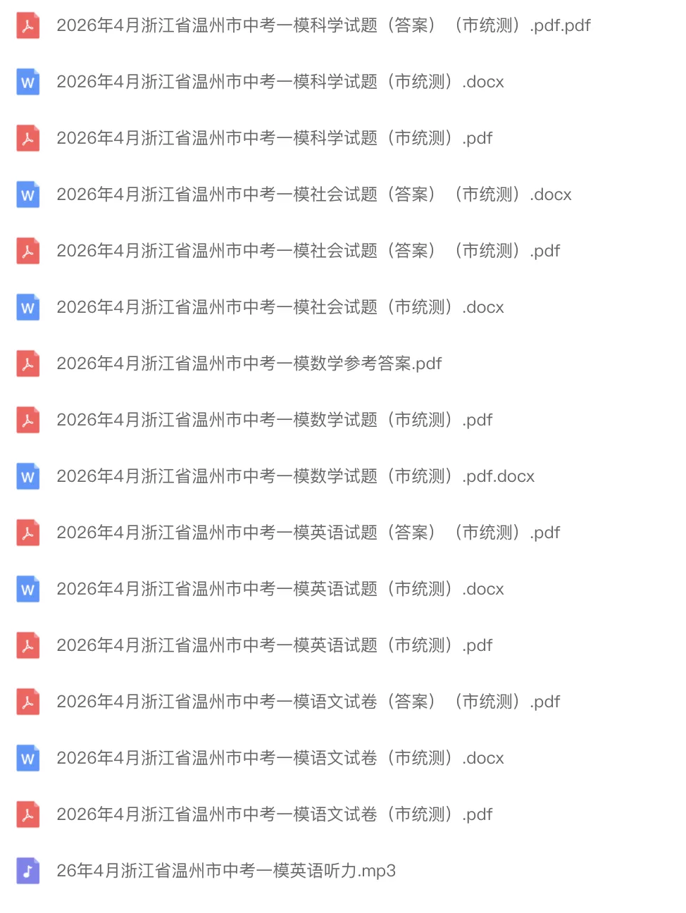 中考一模|2026年4月浙江省温州市中考一模「全科」试题(市统测)(含答案;听力录音) 第1张