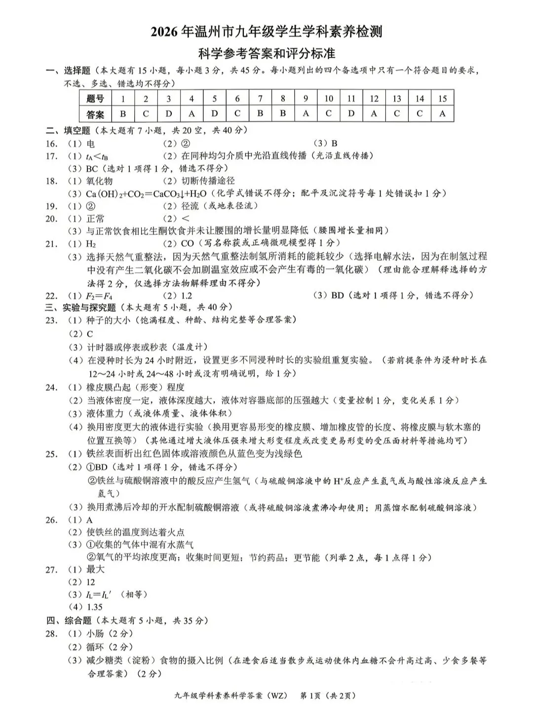 2026年浙江中考温州市一模科学试卷 第9张