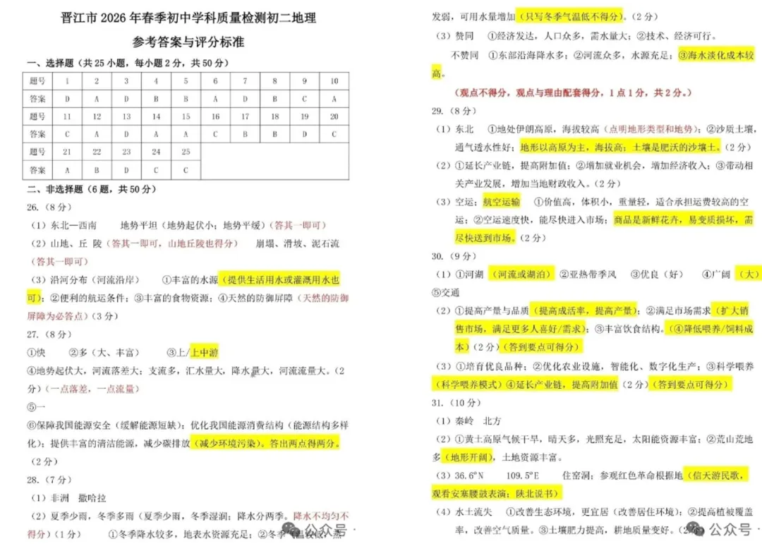 2026晋江市初中学业检测考试地理试卷及答案 第5张