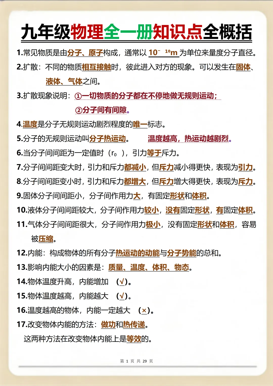中考物理必背【九年级物理全一册知识点全概括】,可打印 快收藏! 第1张
