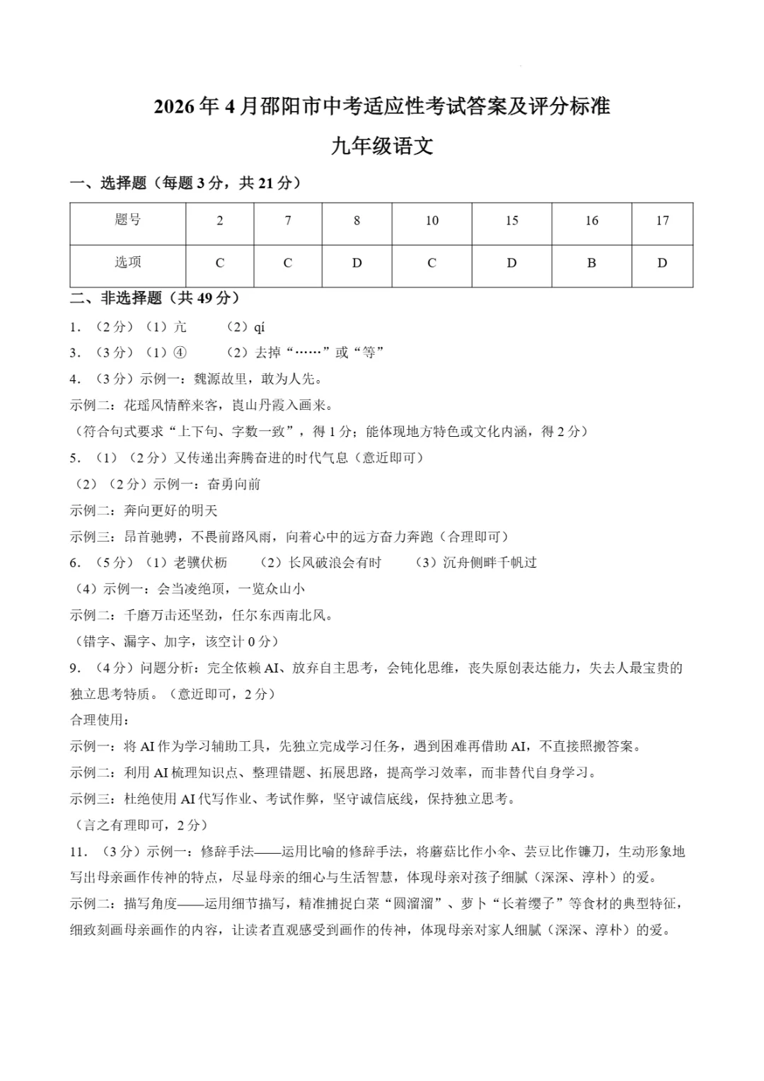 2026年湖南省邵阳市中考适应性考试(二模)试题 第8张