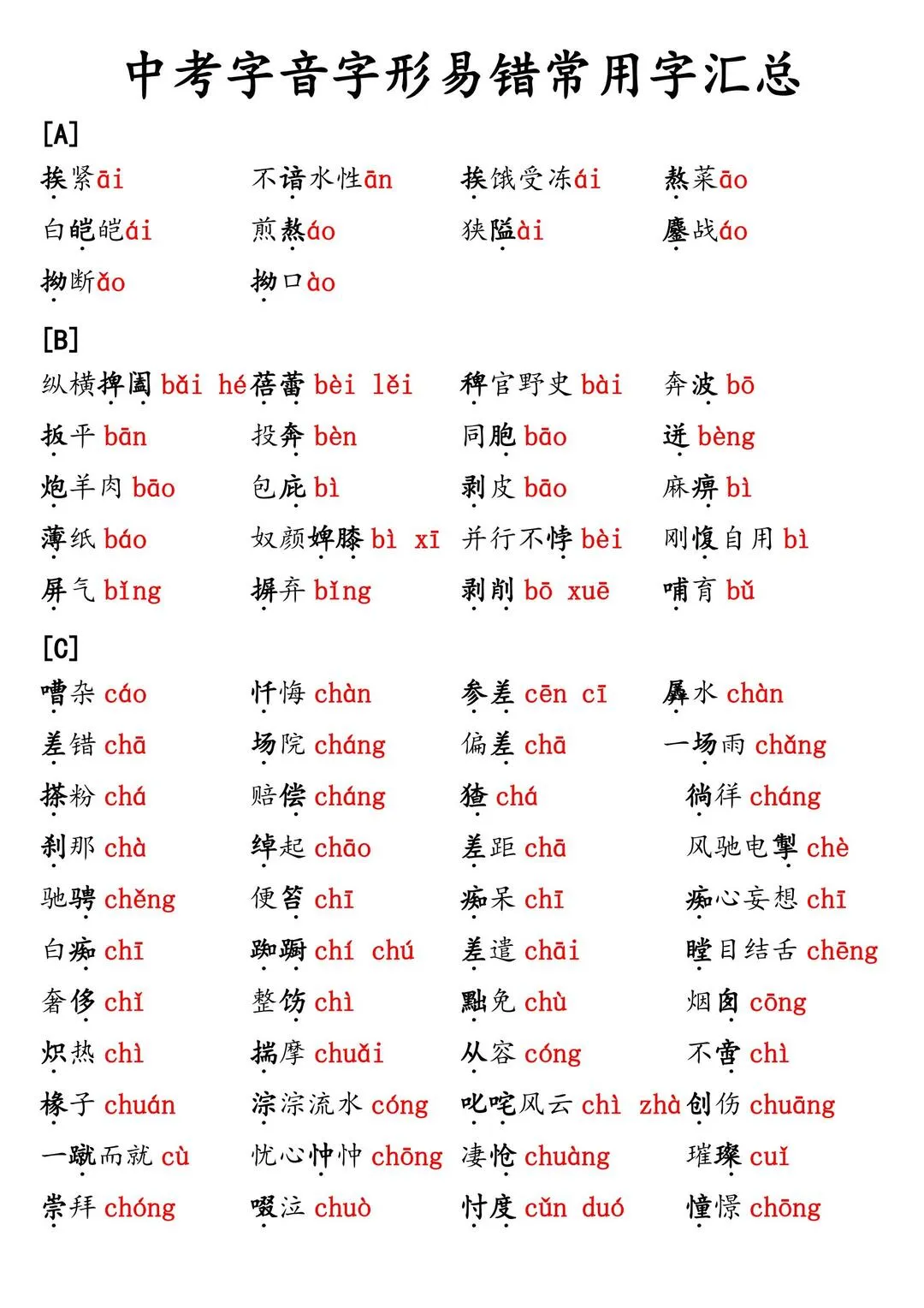 2026年中考语文字音字形易错常考用字汇总资料 第1张