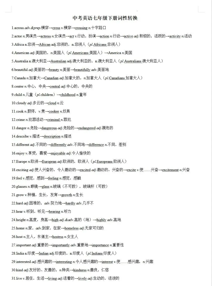 【中考冲刺】初中英语789《词性转换归纳及专题练习》人教版(七八九年级上下册英语复习) ,含答案,可下载打印 第8张