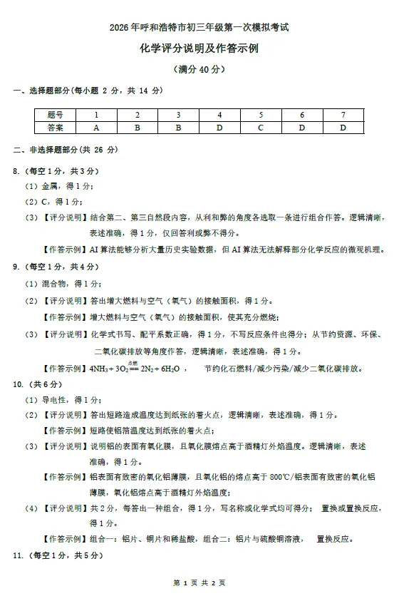 呼和浩特市2026年初三年级第一次模拟考试——化学 第5张
