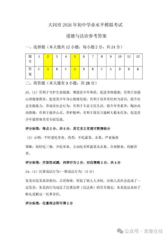 大同市2026年初中学业水平模拟考试(道德与法治) 第8张