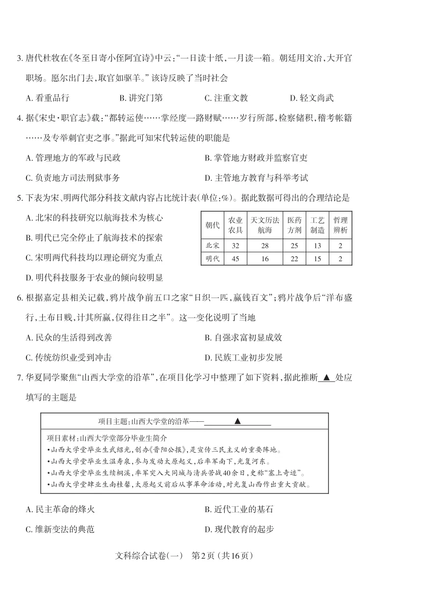 太原初三一模历史试卷及答案 第2张