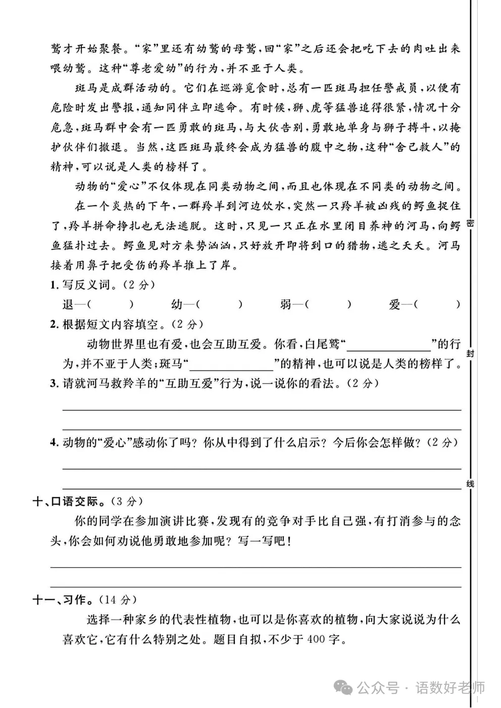 四年级下册语文《期中试卷》,附有答案,共5份,免费下载打印!语数电子版! 第19张