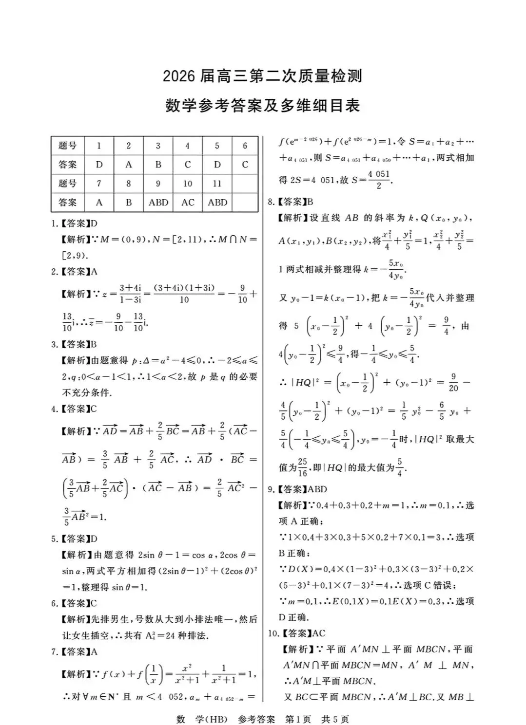 2026届高三第二次质量检测数学试卷+参考答案 第5张