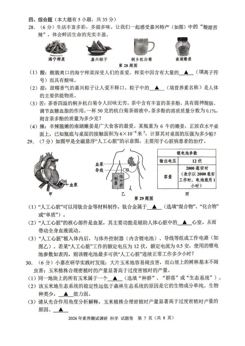 2026嘉兴中考一模 第28张
