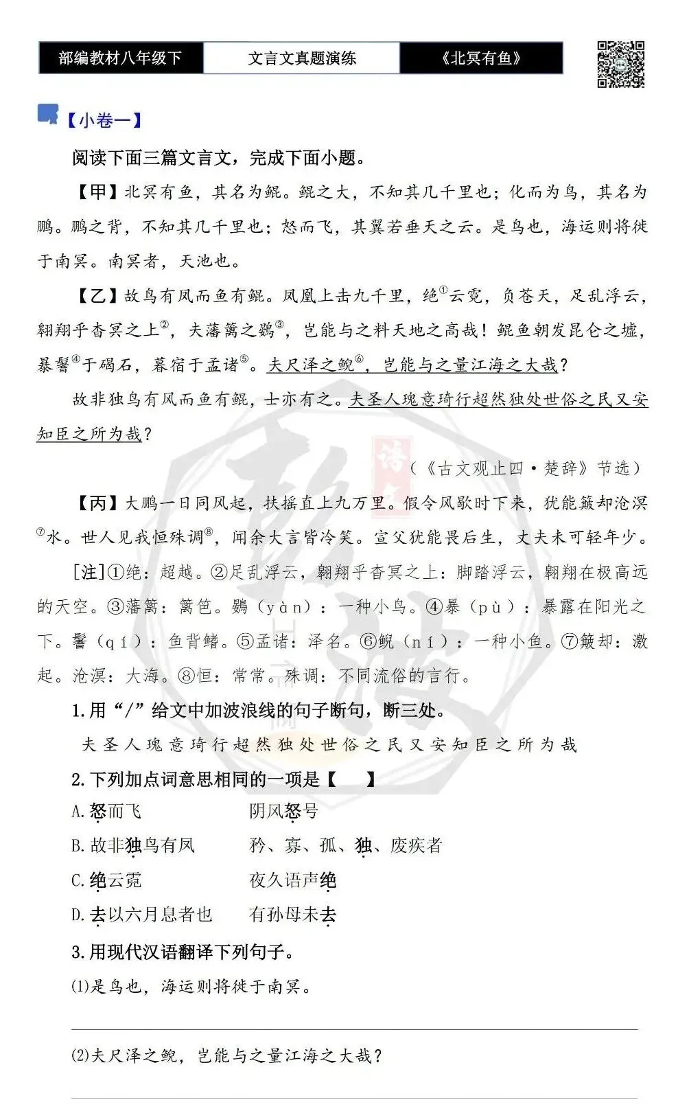 【古诗文真题演练复习】八年级下-04《北冥有鱼》思维导图+对比阅读(20套)(5元) 第7张