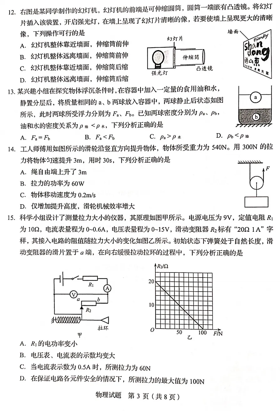 山东省2025中考统考科目物理样题与答案 第4张