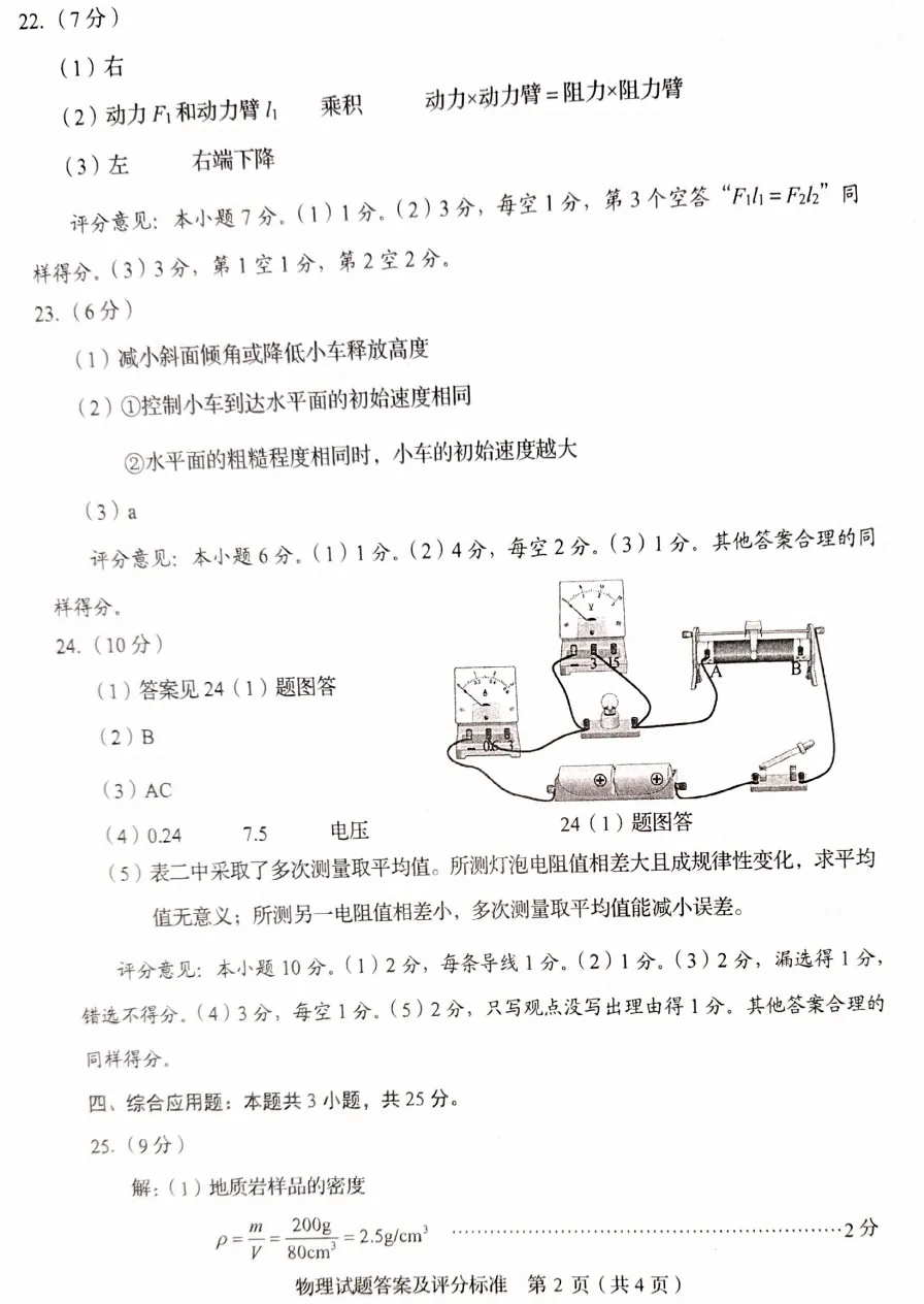 山东省2025中考统考科目物理样题与答案 第11张