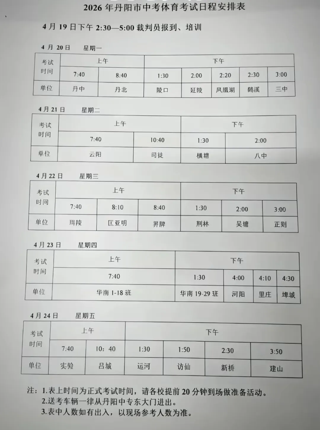 明天开考!2026年丹阳中考体育日程安排 第3张