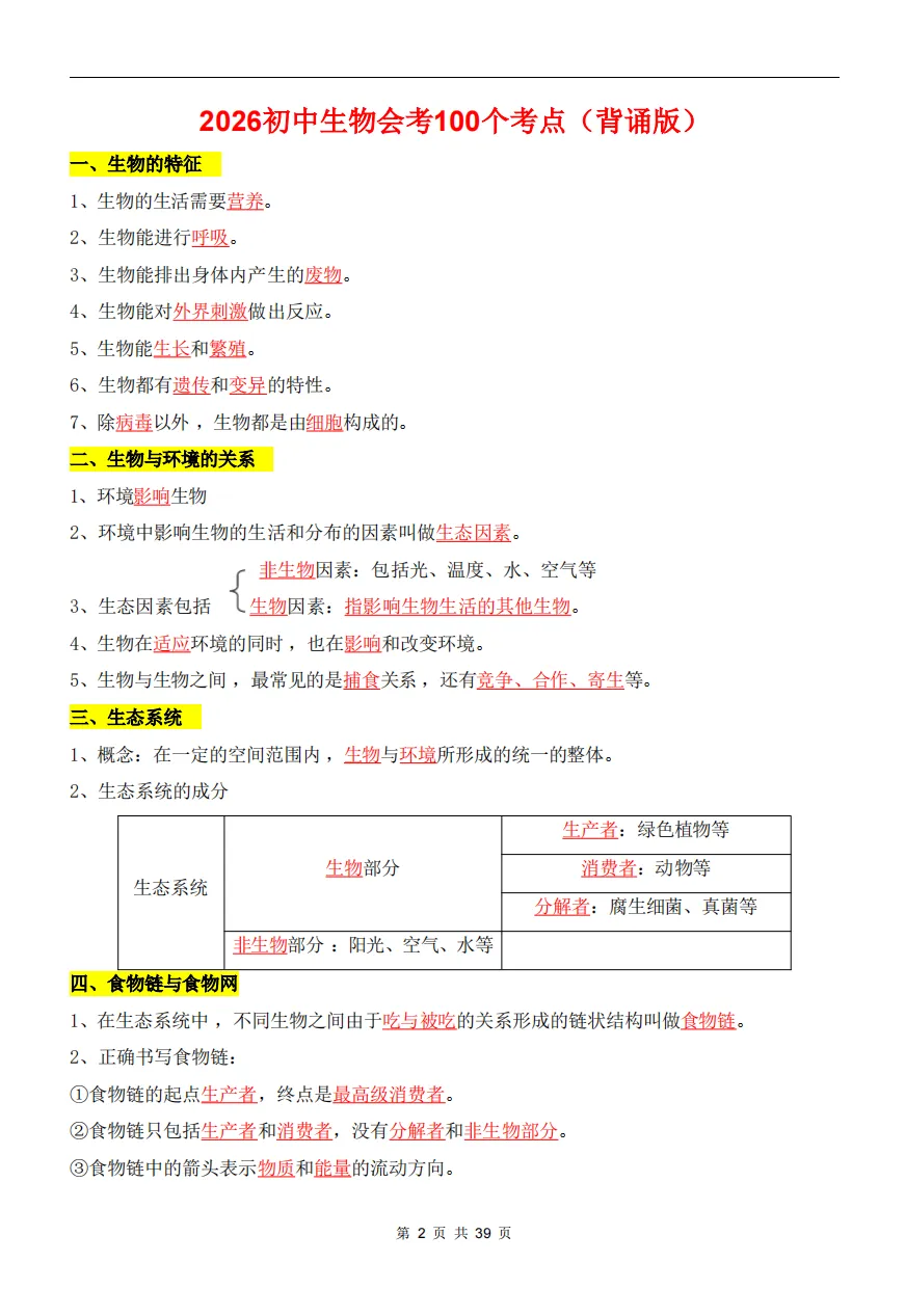 八年级生物中考丨2026 初中生物会考考点梳理(背诵版) 第1张