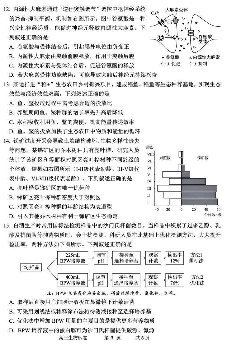 2026年4月湖丽衢二模高三生物试卷、答案、解析、评分细则、赋分表 第7张