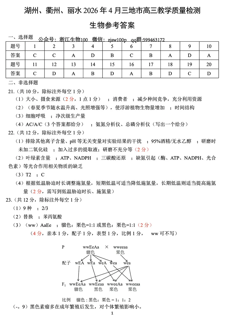 2026年4月湖丽衢二模高三生物试卷、答案、解析、评分细则、赋分表 第13张