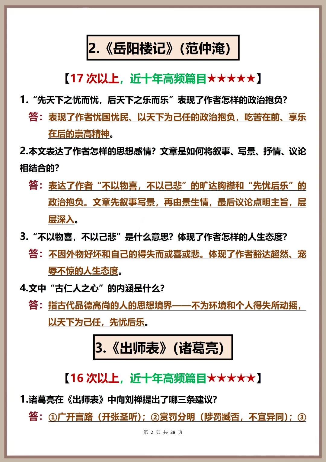 中考语文常考简答题复习必背【2026中考语文复习常考50篇文言文简答题吃透这28页】,可打印 快收藏! 第2张