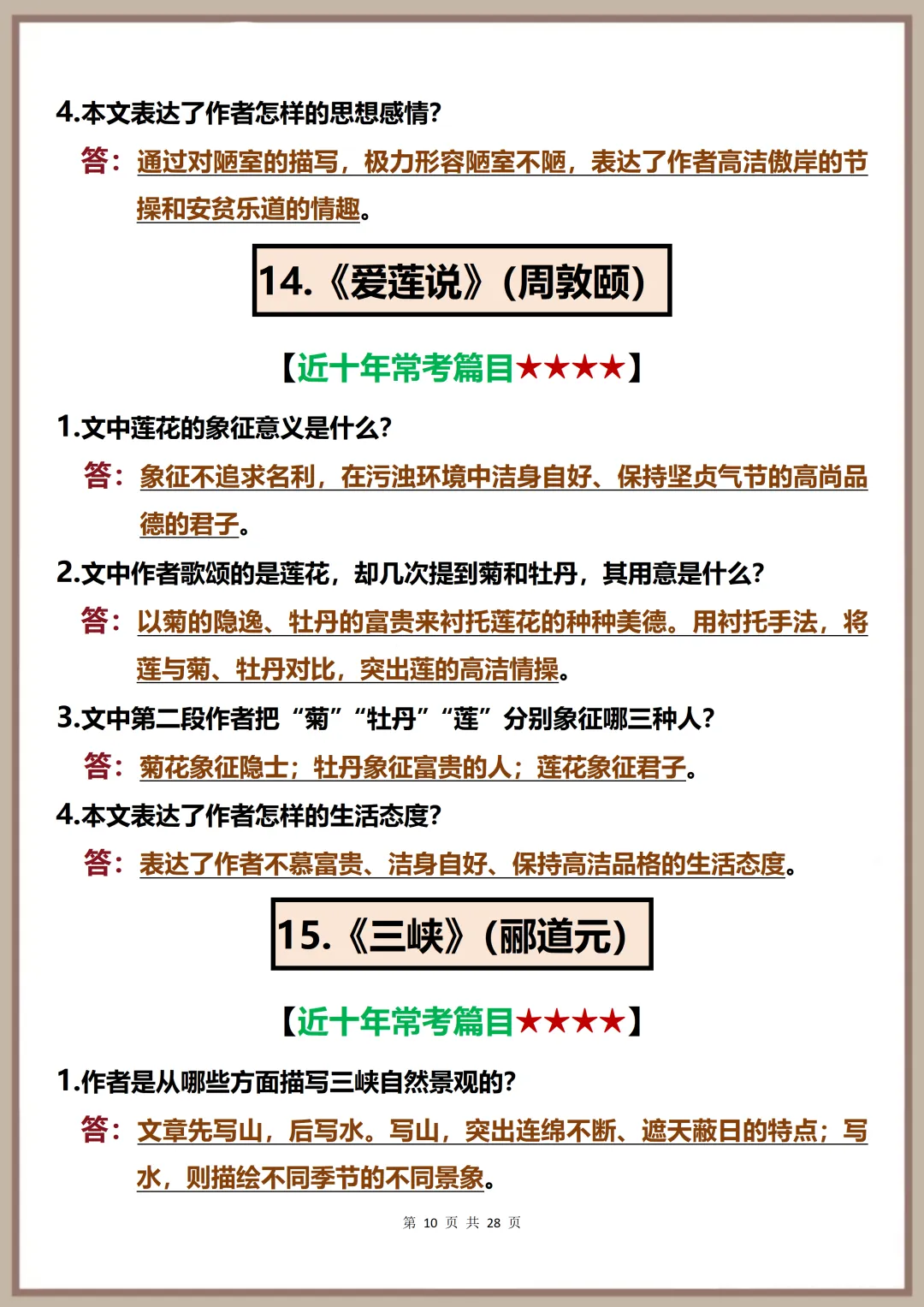 中考语文常考简答题复习必背【2026中考语文复习常考50篇文言文简答题吃透这28页】,可打印 快收藏! 第10张