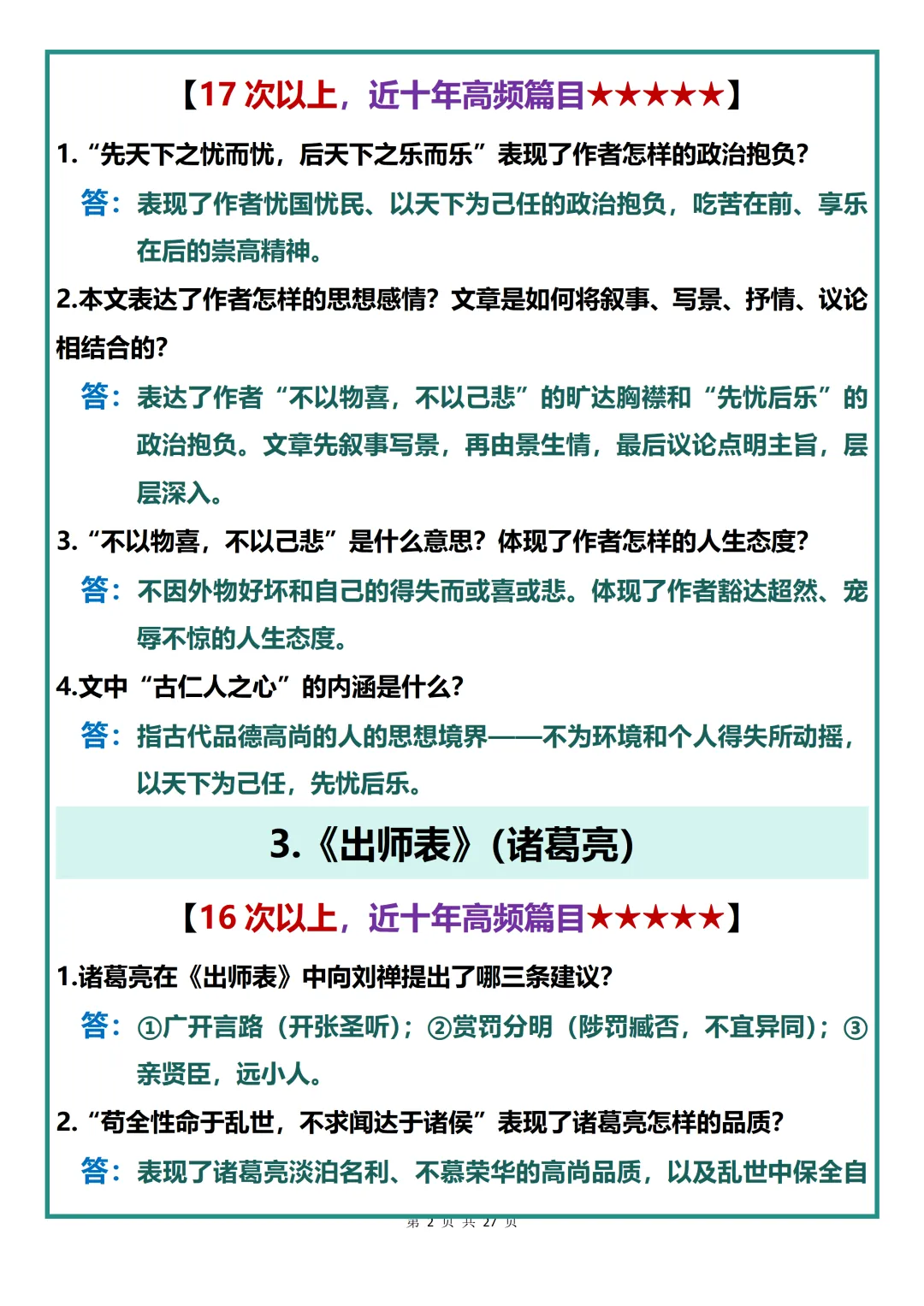 中考语文复习必背【2026年中考语文常考50篇文言文简答题复习必背】,可打印 快收藏起来! 第2张